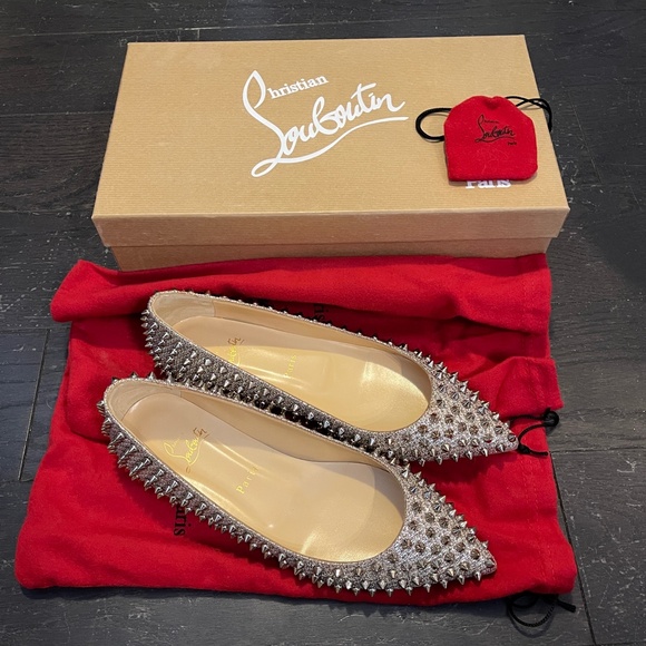 NEW Christian Louboutin follies Spikes Flats glitter diams Size 38.5 Full set - Picture 9 of 13